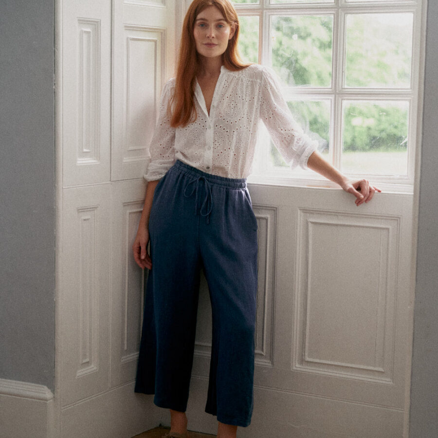 Navy Wide Leg Linen Trousers