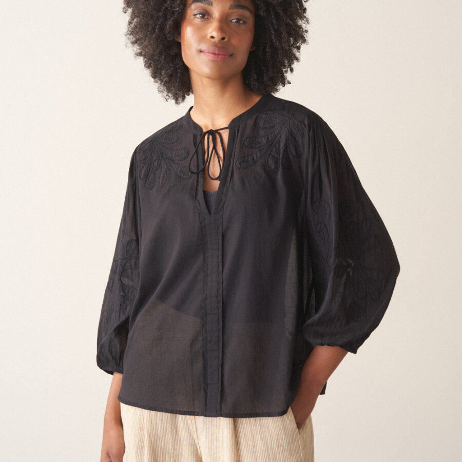Black Embroidered Cotton Voile Shirt