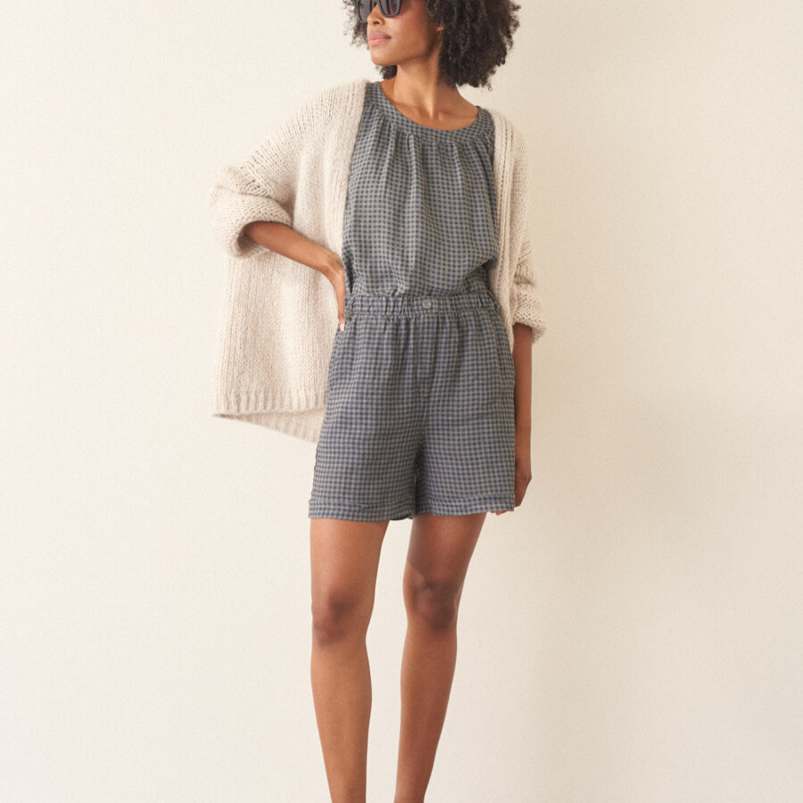 Navy Checked Linen Shorts